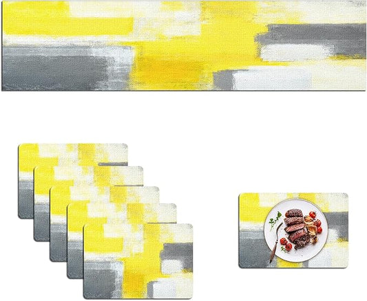Mcalk Yellow Table Runner and Placemats Set of 6 Pieces, Grey Placemats Modern Art,Abstract Art Cloth Place Mats Indoor for Kitchen,Washable Placemats Linen Material for Dining Table
