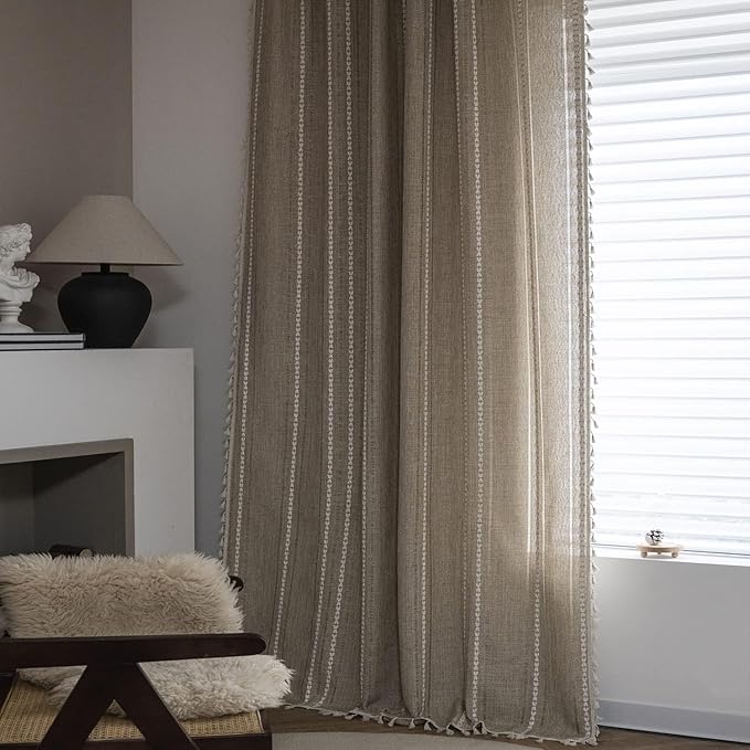 ColorBird Boho Curtains 96 inches Long, Striped Tan Embroidered Light Filtering Curtain for Living Room Bedroom Nursery Office