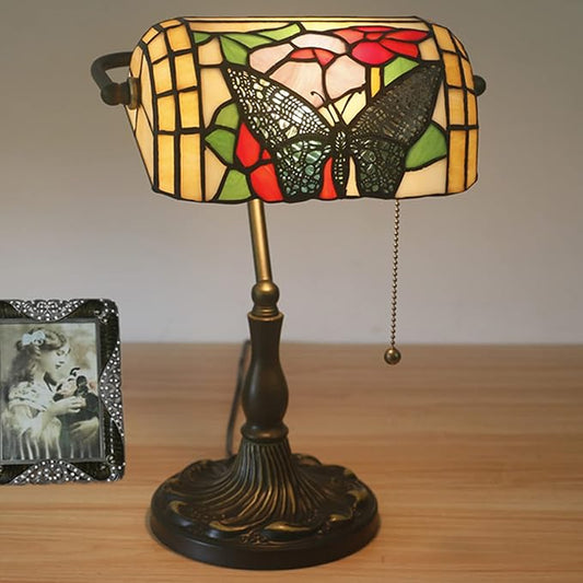 Tiffany Style Bankers Table Lamp Stained Glass Piano Desk Lamp Vintage Bedroom Bedside Lamp for Study,Antique Alloy Base,Zipper Switch,Butterfly