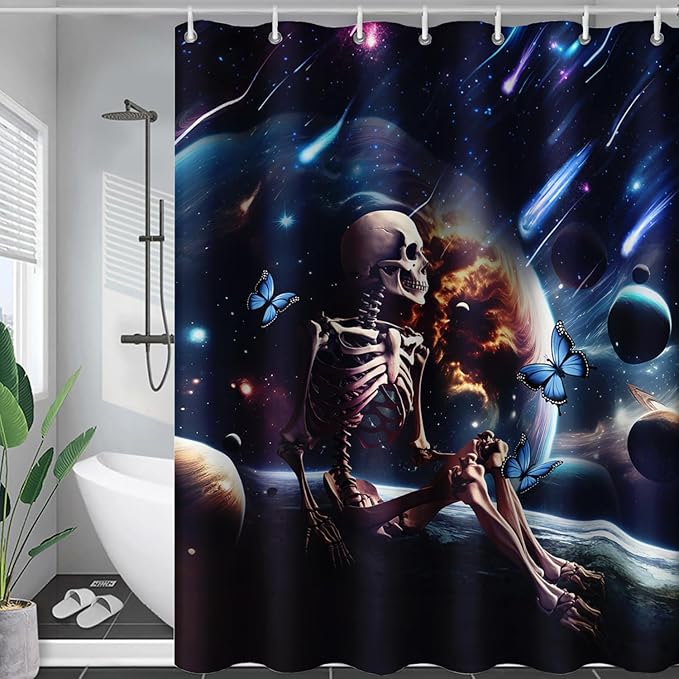 AILONEN Skull Shower Curtain for Kids,Solar System Skeleton Bath Curtain for Bathroom Decor,Galaxy Skull Polyester Waterproof with 12 Plastic Hooks for Boys Girls 60" W*72" H