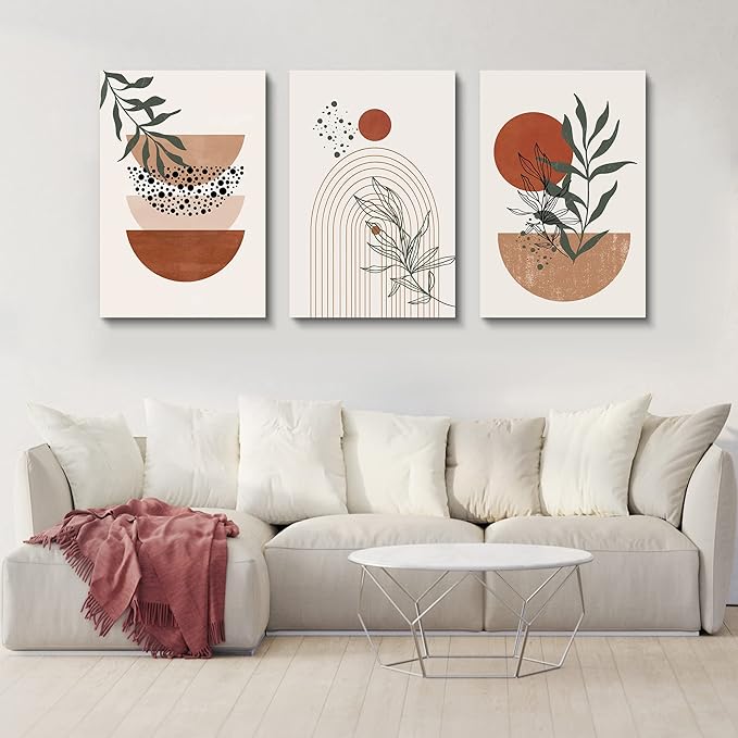 Boho Wall Art - Mid Century Modern Set of 3 Abstract Geometric Prints, Black Beige Terracotta, Framed Canvas Artwork for Living Room, Bathroom, Bedroom Decor