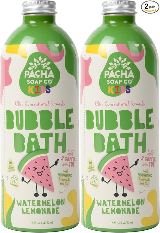Pacha Soap Co. Kids Bubble Bath, Watermelon Lemonade, 2 Pack - Make Bathtime Fun & Squeaky Clean, Ultra-Concentrated, Foaming, Plant-Based, Vitamin Rich, Non-Toxic, Tear-Free, Recyclable