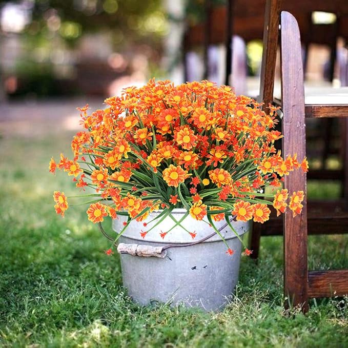 Artificial Daisies Flowers Outdoor UV Resistant 4 Bundles Fake Foliage Greenery Faux Plants Shrubs Plastic Bushes for Window Box Hanging Planter Farmhouse Indoor Outside Decor(Orange Red)