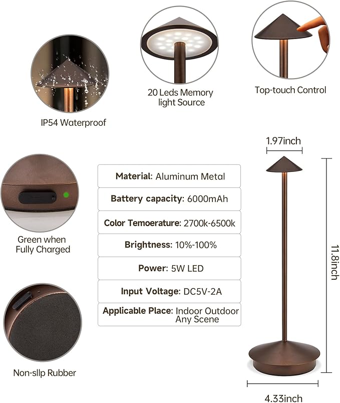 Portable Cordless Table Lamp Modern Led Desk Lamp Rechargeable 2 Pack, 6000mAh Battery Table Light for Dinning Patio Bedroom Camping Coffee shop Restaurant, IP54 Waterproof, Dimmable 3 Light Color