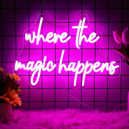 Where The Magic Happens Neon Sign Led Pink Light Up Signs for Wall Decor Usb Powered Letter Neon Light Signs for Bedroom Wedding Decor Birthday Party Shop Man Cave 22 x 13''(Pink)
