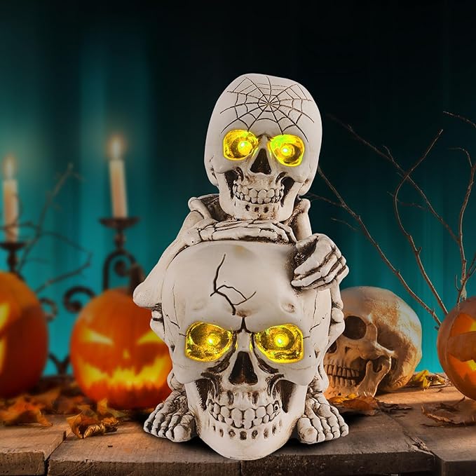Halloween Skull Decor Resin Skeleton Head Stack Solar Garden Statue Unique Garden Decor for Outside Yard Porch Lawn, Ideal