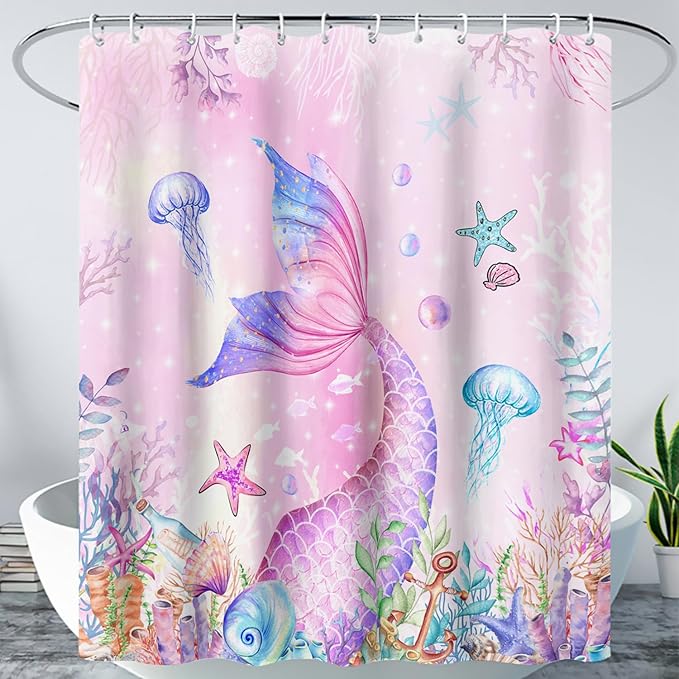 AILONEN Mermaid Shower Curtain for Kids Women Girls, Pink Ocean Coral Jellyfish Coast Bathroom Curtain,Mermaid Tail Print Bath Curtain 72" W*96" H Polyester Waterproof Shower Curtain with 12 Hooks