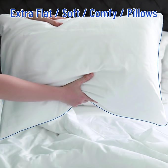 SILUI Extra Flat Soft Thin Pillows Standard Size Set of 4 Pack Bed Pillow with Down Alternative Fill for Side Back Stomach Sleepers, 20x26 Inches, White