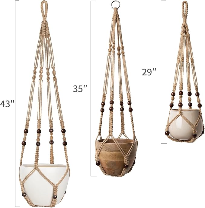 Mkono 3 Pack Macrame Plant Hangers Indoor Different Size Hanging Planter Basket Flower Pot Holder with Beads No Tasselss 43"/35"/29", Large, Brown