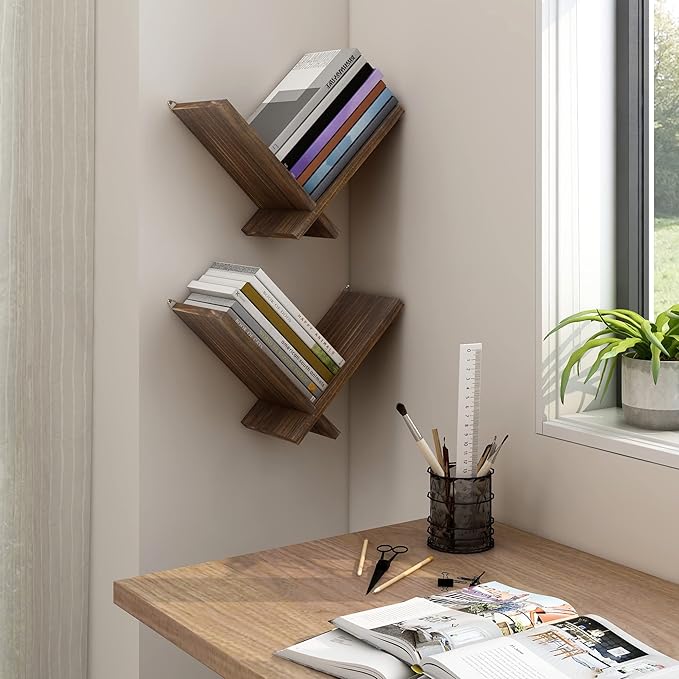 Afuly Floating Shelves for Wall, Funky Wall Mount Bookshelves Small Natural Wood Bookshelf Hanging Storage Organizer Modern Home Decor for Living Room Bedroom Study Tabletop, Set of 2 Brown