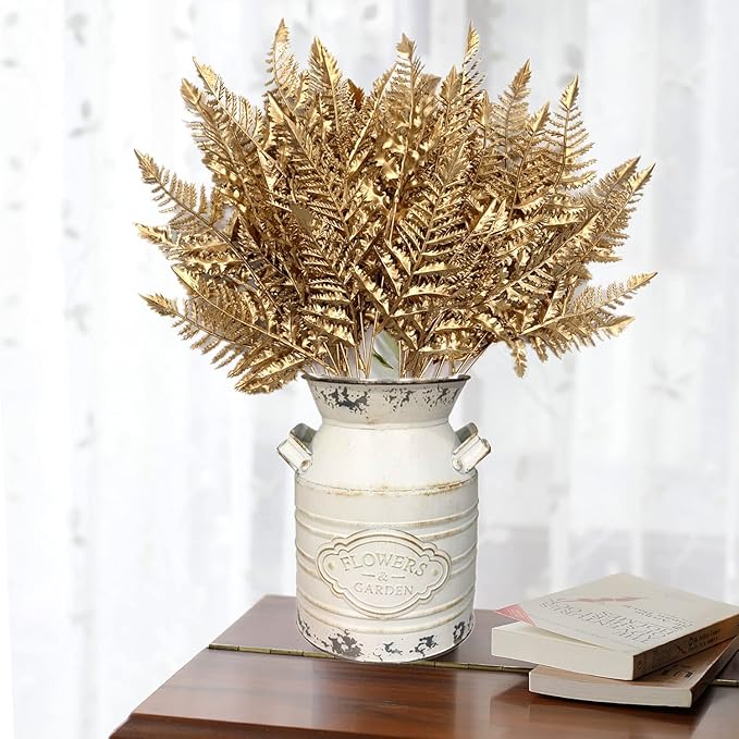 CATTREE Christmas Artificial Plants Decoration, Plastic Golden Boston Shrubs Plant Simulation Fern Leaves Fake Grass for Wedding Party Indoor DIY Home Office Table Centerpieces Decor - Gold 3 Pack