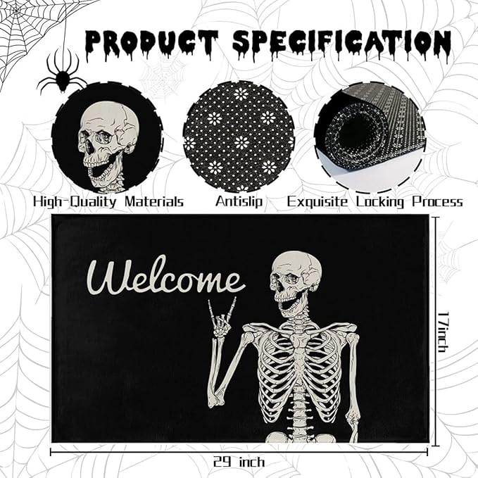 Funny Halloween Skull Doormat 17" x 29" Non-Slip Indoor Outdoor Skull Welcome Mat with Spooky Skull Design for Front Door, Porch, Kitchen, or Entryway Decor