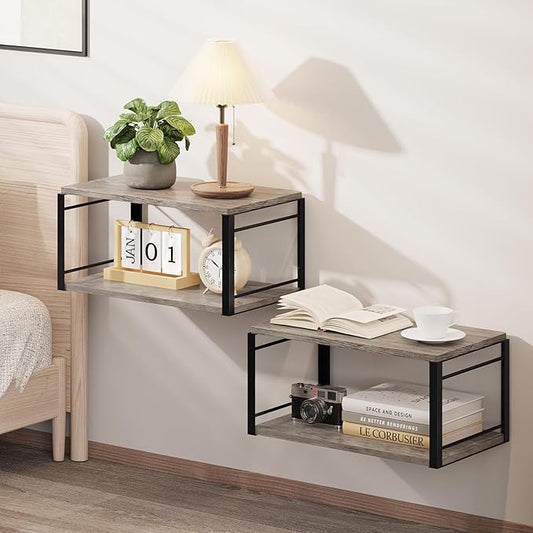 Floating Nightstand Set of 2, Wood Bedside Shelf Wall Mounted Nightstand, Floating Bedside Table for Bedroom, Living Room, Bathroom, Kitchen, Office (Vintage Gray)