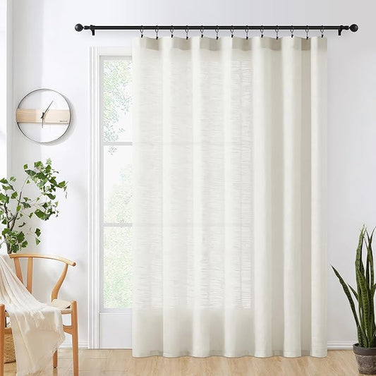 FMFUNCTEX Natural Sliding Door Curtain 84" Sheer Linen Curtains for Living Room Divider 100" Width Extra Wide Bedroom Drapes Linen Patio Door Panel Semi Sheer Window Panels Beige Rod Pocket 1 Panel