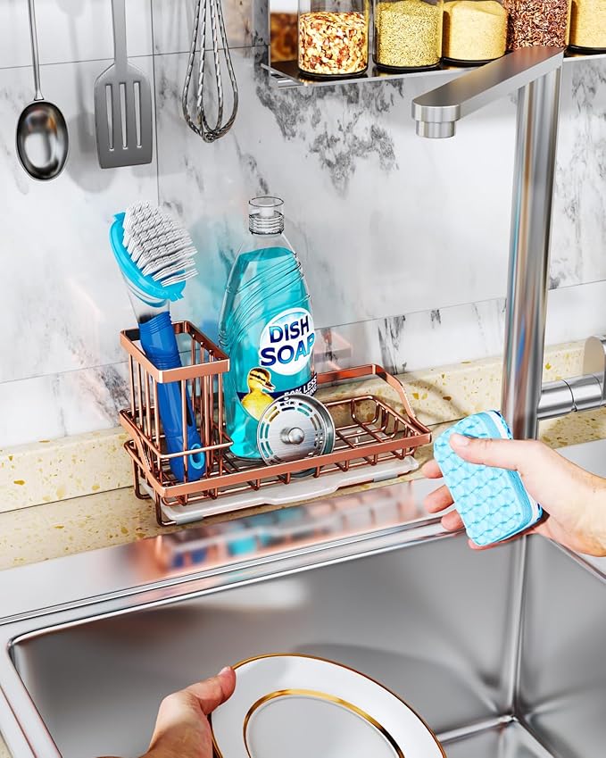Consumest Sponge Holder for Kitchen Sink - Sink Caddy Kitchen Organizer with Removable Drip Tray for Countertop Dish Soap Dispenser Brush Storage Accessories 304 Stainless Steel, Rose Gold