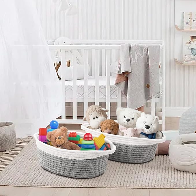 Small Woven Basket with Handles, 5 Pack Cotton Rope Room Shelf Storage Basket for Organizing Small Round Basket Baby Nursery Bins, White (Off White & Gray)