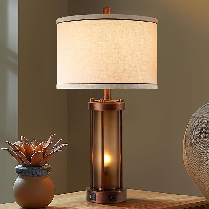 Set of 2 Farmhouse Table Lamps for Living Room, Rustic Bedside Lamps with 2 USB Charging Ports, Bedroom Nightstand Lamp with Amber Frosted Glass Nightlight, 4 Bulbs Includes
