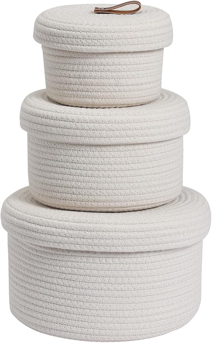 Cottonphant Set of 3 Stylish Round Woven Baskets with Lids - Elegant Storage Solution for Home Decor and Organization - Compact Shelf Baskets (Off White, 10"x6"-8"x5"-6"x4")