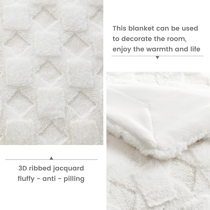 Cozy Bliss Faux Fur Throw Blanket for Couch - Clearance Soft Checkered Fuzzy Plush Cozy Throw Gift Blankets for Women,Cream White Boho Blanket for Sofa Bedroom Living Room.50 * 60 Inches