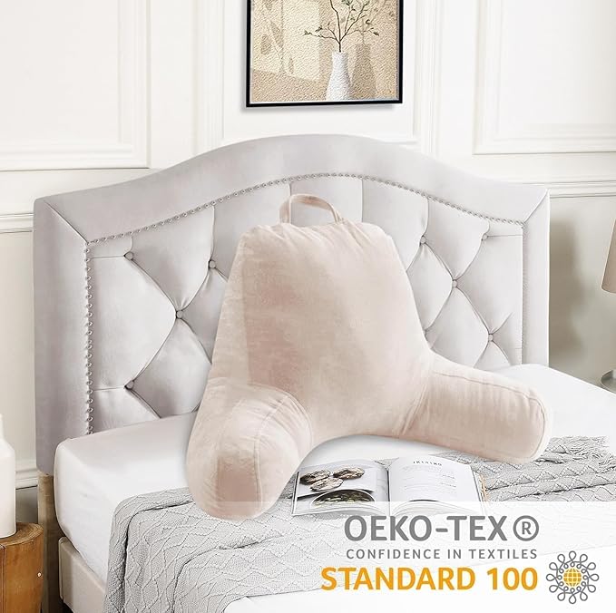 Sasttie Reading Pillow for Sitting in Bed Adult, Velvet Back Pillow for Bed Sitting Up, Backrest Back Support Chair Pillow, College Dorm Essentials for Girls and Boys, Beige