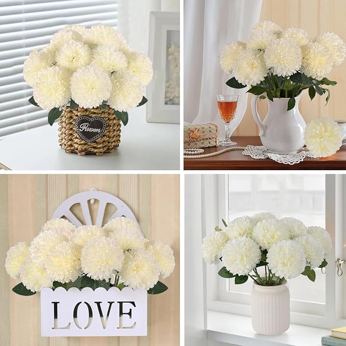 Hananona 24 Pcs Artificial Chrysanthemums Flowers Ball White Flower Bulk, Fake Mums Flowers Silk Plants for Home Decor Indoor Floral Arrangement Table Centerpiece (24, White)
