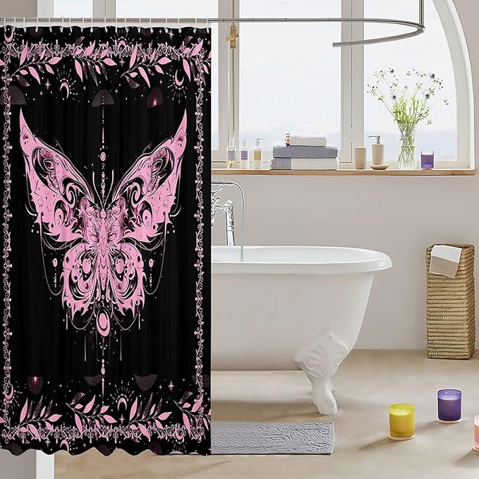 Feelyou Boho Pink Butterfly Bathroom Waterproof Accessories with 12 Hooks Bohemian Moth Shower Curtain for Kids Boys Girls Moon Galaxy Fabric Shower Curtain Black and Pink Curtains,72X78 Inches