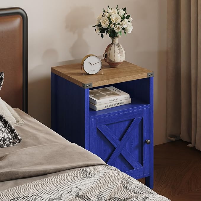 Farmhouse End Table, Nightstand, Set of 2, End Tables with Barn Door and Shelf, Modern Bed Side Table Rustic Nightstands Set for Bedroom, Living Room, Navy Blue
