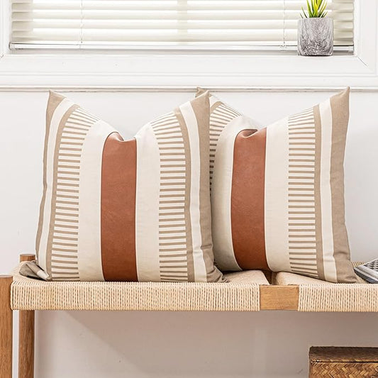 Farmhouse Decorative Throw Pillow Covers 18x18 Neutral Boho Cushion Cover Faux Leather Accent Pillowcase,Tan and Beige (Cover ONLY, Pack of 2)