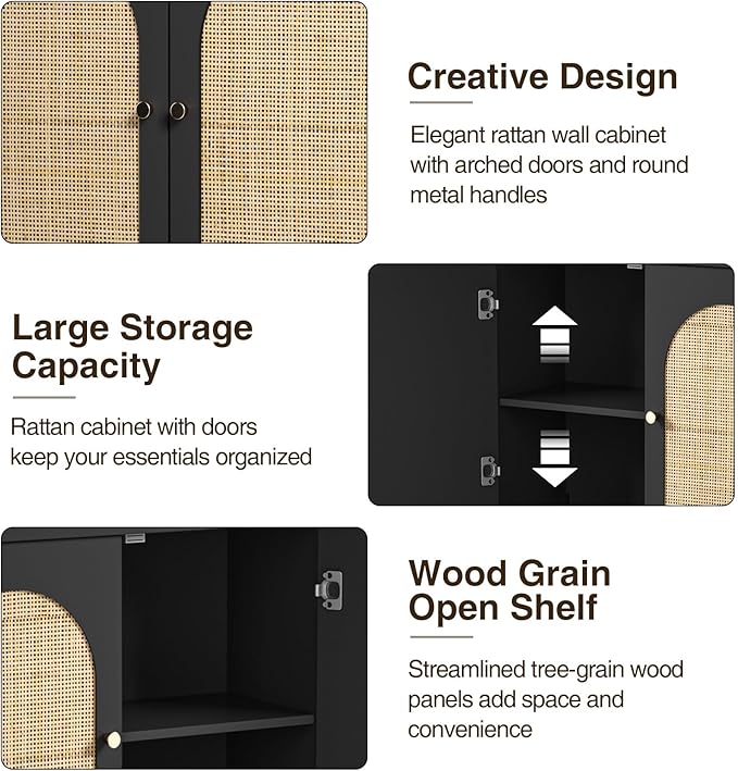 Rattan Bathroom Wall Cabinet, Boho Medicine Wall Cabinet with Double Doors and Adjustable Shelves, Tall Kitchen Wall Mounted Storage Cabinet, Floating Space Saver Over Toilet, Black