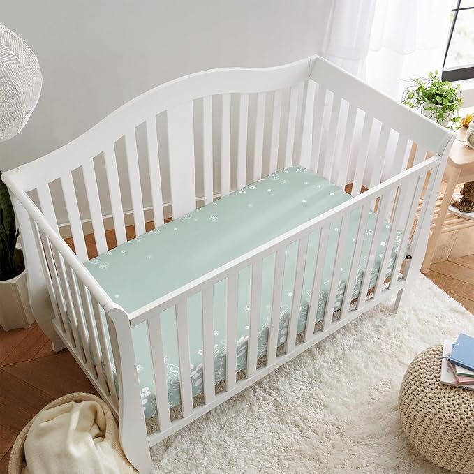 Horaldaily 2 Pack Fitted Crib Sheet for Boys Girls, Fits Standard Size Crib Mattress 28in x 52in, Soft Breathable Washable Jersey Microfiber Baby Crib Sheet, Eucalyptus Nursery Sheet Sage Green/White