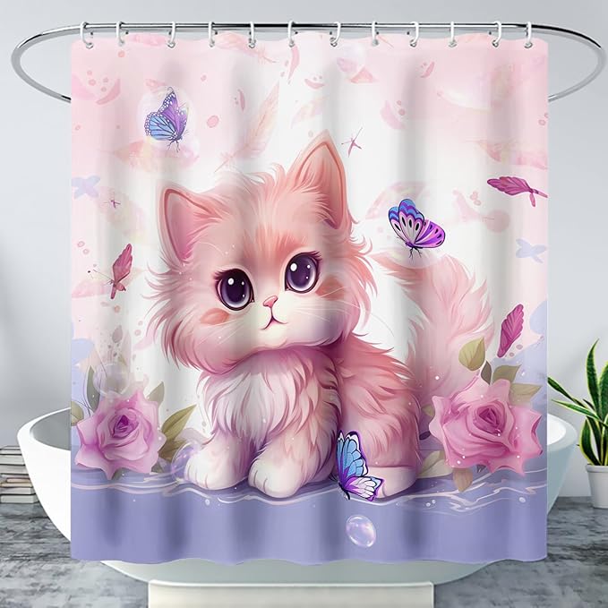 AILONEN Cute Cat Shower Curtain for Kids Boys,Kawaii Kitten and Butterfly Fabric Shower Curtains for Bathroom,Big Eye Pink Cat Polyester Cloth Bath Curtain Set, 72" W*84" H Pink