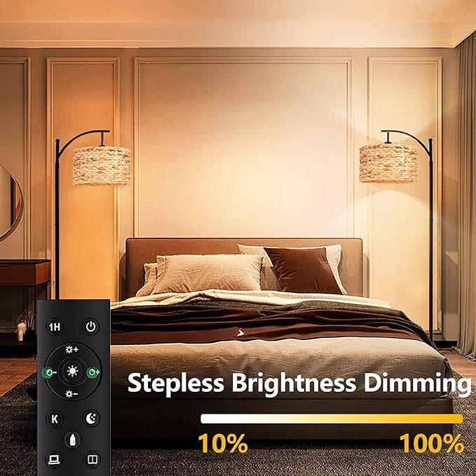 Floor Lamp for Living Room Bedroom Rattan Boho Arc Standing Lamp with Remote Dimmable Black Wicker Bamboo Lamp Shade Floor Light Adjustable Tall Lamp Farmhouse Industrial Floor Lamps Bohemian