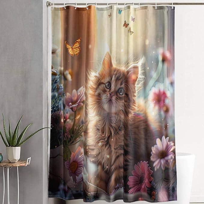 AILONEN Kawaii Cat Shower Curtain Set, Beautiful Kitty with Butterfly Waterproof Fabric Shower Curtain for Kids Boys,Cat Lovers Animal Design Shower Curtain for Bathroom,72" W*78" H