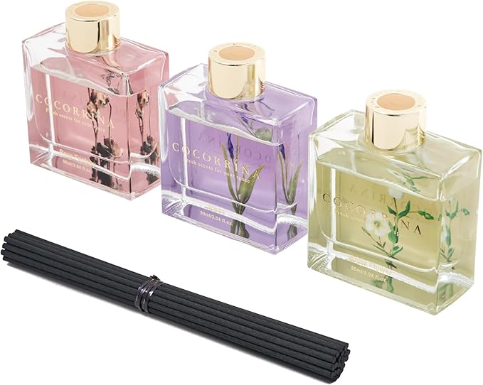 COCORRÍNA Reed Diffuser Set of 3-3 Pack/ 3.04 Fl.oz Diffuser with 24 Sticks White Flower/Irises/Rose Fantasy Reed Diffuser for Home Bathroom Office Decor