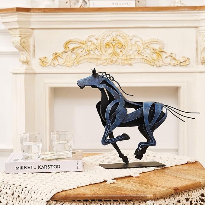 Horse Statue, Unique Metal Art Sculpture for Vintage Home Decor, Modern Decor, Gift for Horse Lovers (Blue)