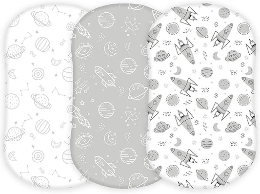 TansyPanda Bassinet Sheets for Halo Bassinest Swivel, Flex, Glide, Premiere and Luxe Series Sleeper, Pack of 3, 33 X 17 Inch, Ultra Soft and Snug Fit, Unisex Boys Girls, Gray White (Space Rockets)