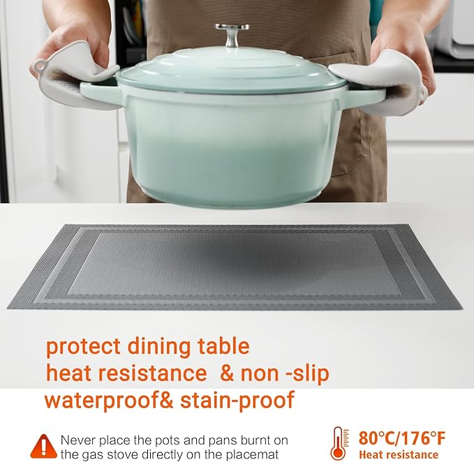 Placemats Set of 6,Washable,Heat and Stain Resistant Indoor/Outdoor Place mats, Vinyl Woven Non Slip Table Mats for Restaurant Table Protection, PVC Table Mats(Dark Gray, 6PCS)