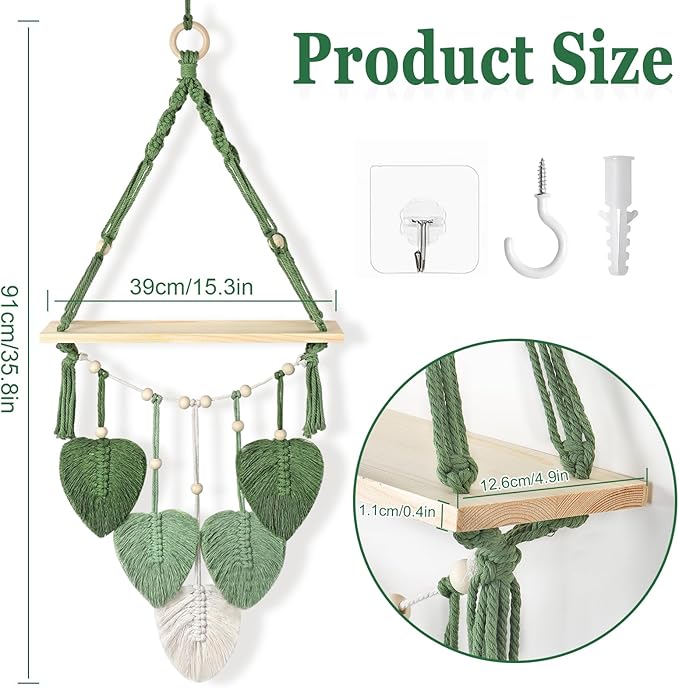 Macrame Wall Hanging Shelf Wood Floating Storage Shelf Boho Woven Leaf Wall Decor Plant Hanger for Photo Display Bedroom Living Room Nursery Decor