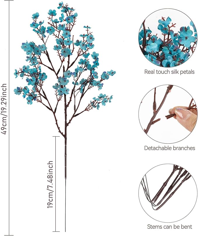 8Pcs Babys Breath Artificial Flowers Silk,Real Touch Peacock Blue Bouquets Flowers for Vase Home Office Wedding Spring Winter Indoor Outdoor Centerpiece Table Decorations