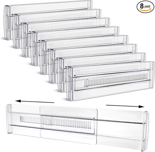 Drawer Dividers, 8 Pack Adjustable Drawer Organizers 3.2" High Expandable from 11.3-20" Clear Expandable Dresser Organizer for Clothes Kitchen Utensils Cutlery Drawer Organizers Set