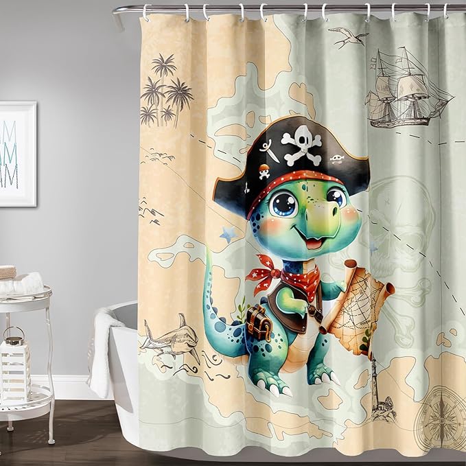 AILONEN Cute Dinosaur Shower Curtain,Ocean Map Nautical Pirate Dinosaur Bath Curtain,Boys Exploring Captain Dinosaur Decoration Kids Curtain with 12 Plastic Hooks,Waterproof 72" W*78" H