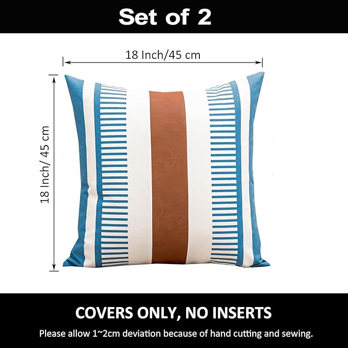 18x18 Throw Pillow Covers Set of 2 Farmhouse Rustic Pillow Case Decorative Boho Cushion Cover for Living Room Sofa Bed Couch Accent Faux Leather Pillow Case,Blue