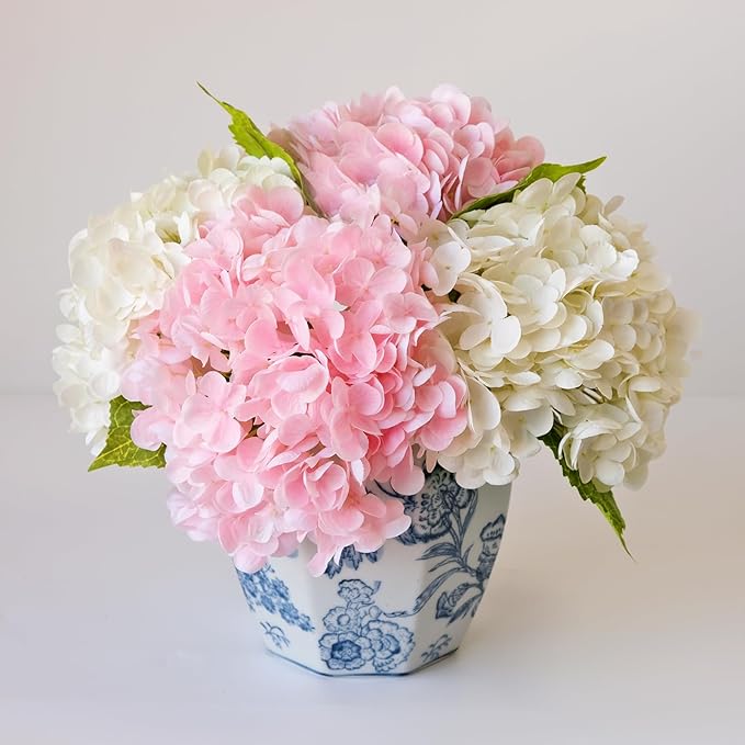 RUZUQE 4 Pcs Hydrangea Artificial Flower 2 White + 2 Pink 21'' Long Stem Lifelike Real Touch YalzoneMet Hydrangea Latex for Home Kitchen Decoration Bridal Bouquet Wedding Outdoor Decor