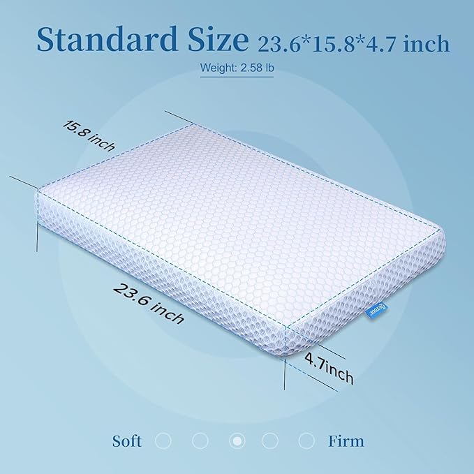 QUTOOL Memory Foam Pillows 2 Pack, Ventilated Bed Pillow with Cooling Washable Cover, Cervical Contour Pillow for Side Back Sleeper, Blue White