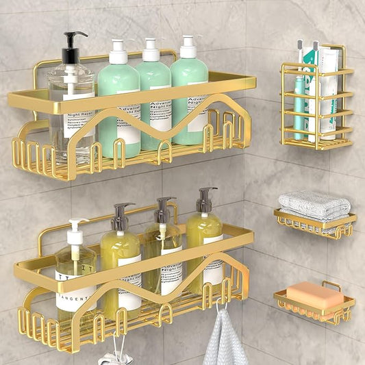 Coraje Shower Caddy - 5-Pack Adhesive Shower Organizer, Large Capacity, Rustproof, No Drilling Required
