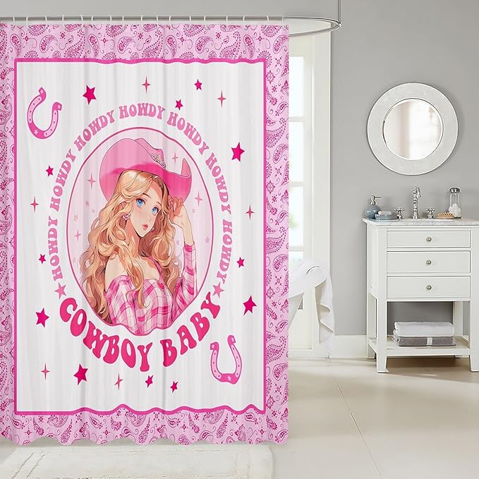 Manfei Western Cowgirl Kids Shower Curtains,Cowboy Horseshoes Stars Geometric Patchwork Bathroom Curtains for Girls Women,Paisley Boho Pink Romantic Waterproof Curtains,12 Hooks Suits,72" W x 78" L