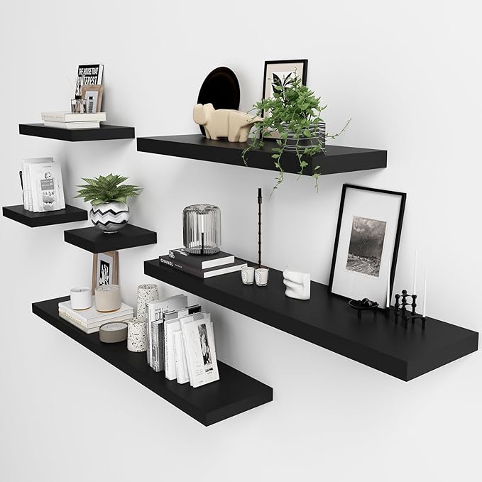 WELLAND 24 inch Black Mission Floating Shelves for Wall, Bathroom Wall Mount Shelves, Wood Modern Display Shelves, Book Shelves,for Bedroom,Living Room and Kitchen