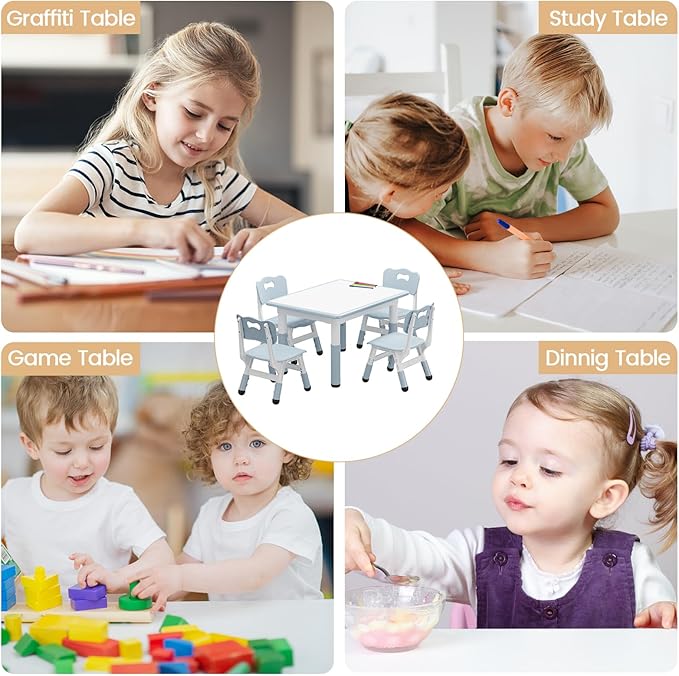 Kids Table and Chair Set, Height Adjustable Toddler Table and 4 Chairs Set for Ages 2-10, Graffiti Desktop, Non-Slip Legs, Arts & Crafts Table, Children Activity Table for Daycare Classroom Home