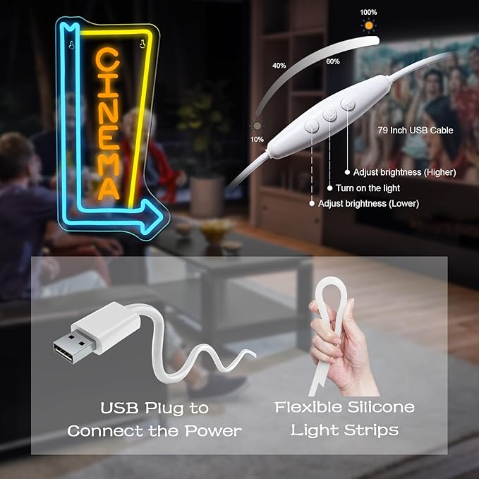 Looklight Cinema Neon Signs for Wall Decor Right Arrow Neon Light Yellow Blue LED Light Sign Right-Pointing Arrow Neon USB Light Up Letters Sign for Film Room Cinema Man Cave Party Theater Decor