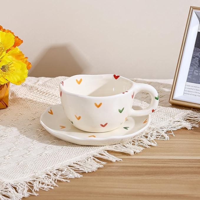 Koythin Ceramic Coffee Mug with Saucers, Handmade Flowers Mugs, Cute Cup for Girl Women, Aesthetic Tea Milk Cup with Handle, 8.5 oz/250 ml for Latte, Cocoa, Office, Home (Colorful Little Hearts)